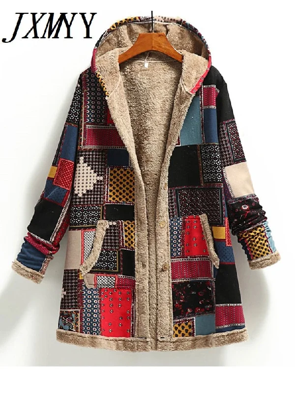 Winter Vintage Women's Coat Warm Printing Thick Fleece Hooded Long Jacket with Pocket Satin Jacket Silk Jacket Chiffon Jacket Winter Vintage Women's Coat Warm Printing Thick Fleece Hooded Long Jacket with Pocket Satin Jacket Silk Jacket Chiffon Jacket