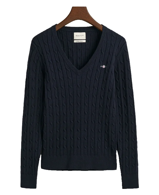 Stretch Cotton Cable V-Neck Sweater - Evening Blue Ribbed Striped Patterned