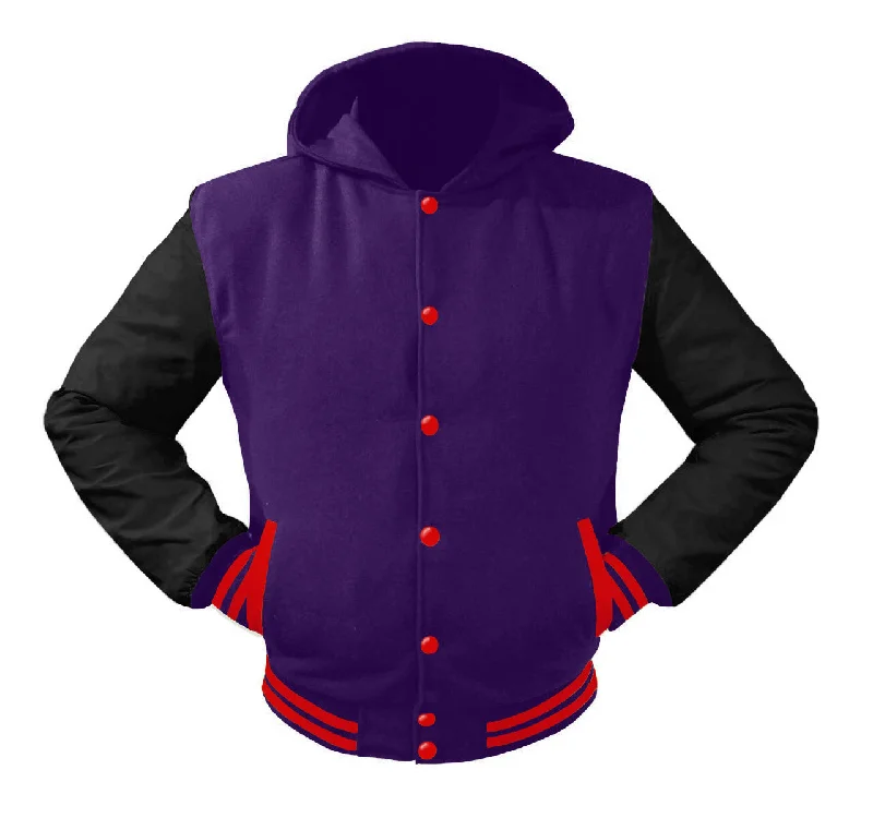 Superb Black Leather Sleeve Original American Varsity Letterman College Baseball Women Wool Hoodie Jackets #BSL-RSTR-RB-H Insulated Jacket Fitted Jacket Loose Jacket