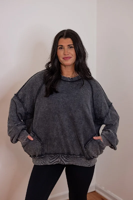 Comfy Favorite Washed Black Pullover Shawl Collar Sweater