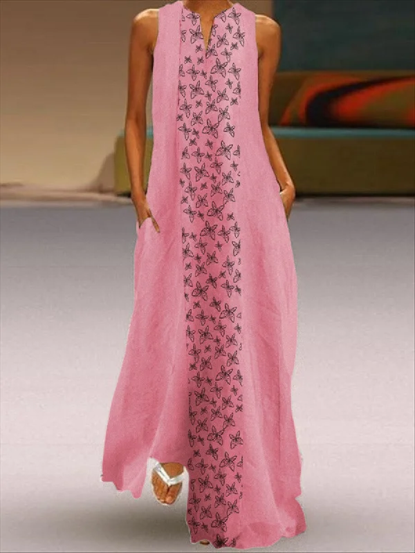 Bohemian Butterfly Printed V-neck Pullover Sleeveless Dress High Neck Pullover