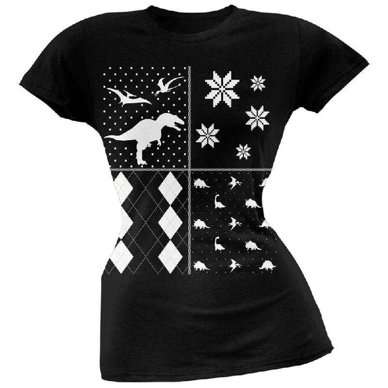 Dinosaurs Festive Blocks Ugly Christmas Sweater Black Soft Juniors T-Shirt Soft Cozy Warm
