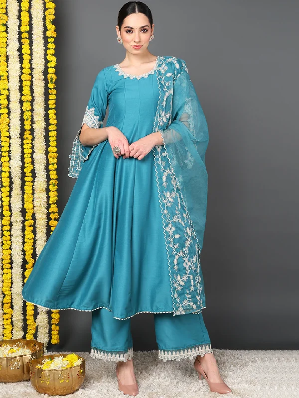 Blue Silk Blend Solid Embroidered Flared Kurta Trouser With Dupatta Trousers fashionable chic Blue Silk Blend Solid Embroidered Flared Kurta Trouser With Dupatta Trousers fashionable chic