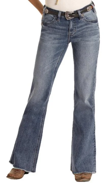 Rock & Roll Ladies Mid- Rise Medium Wash Trouser Jeans Trousers chic elegant