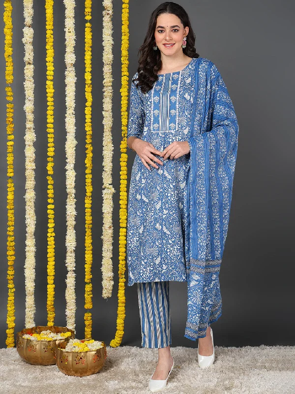 Blue Cotton Blend Floral Printed Straight Kurta Trouser With Dupatta Trousers Cargo Utility Blue Cotton Blend Floral Printed Straight Kurta Trouser With Dupatta Trousers Cargo Utility