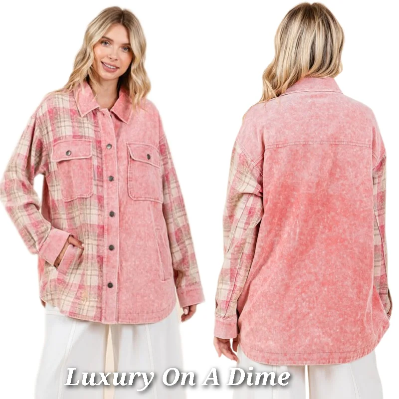 MittoShop Shacket 90s Acid Wash Plaid Oversized Boyfriend Cotton Denim Shirt Jacket Pink Herringbone Jacket Houndstooth Jacket Plaid Jacket