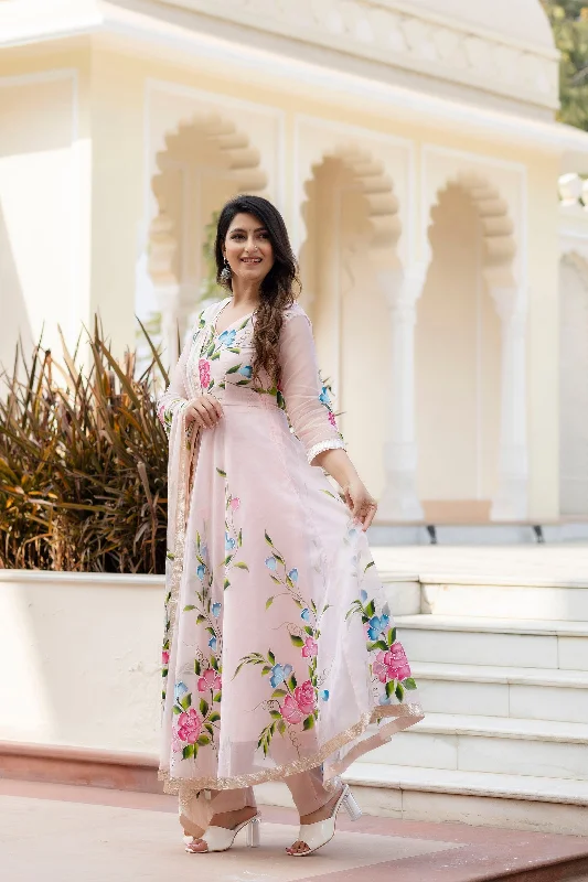 Pink Organza Brush Print Anarkali & Trouser With Dupatta Trousers Bestseller Popular Pink Organza Brush Print Anarkali & Trouser With Dupatta Trousers Bestseller Popular
