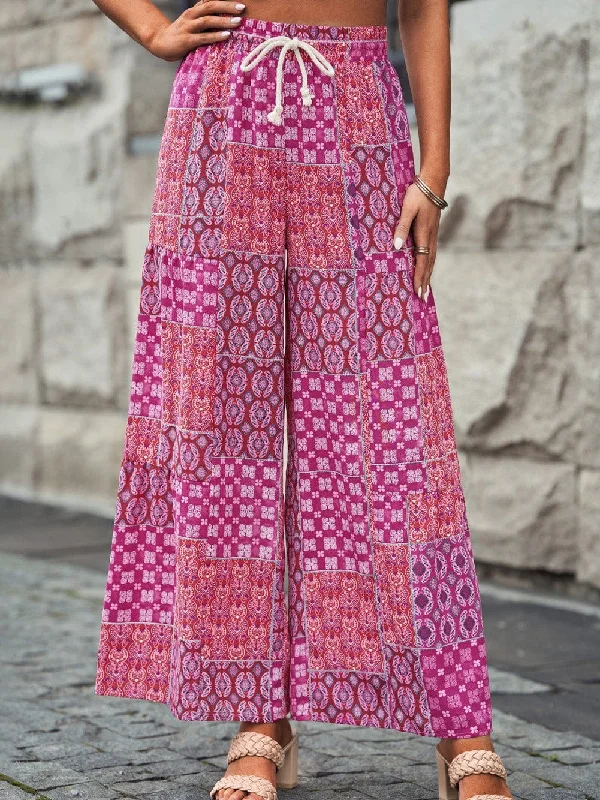 Bohemian Purple Patchwork Wide Leg Drawstring Trousers Trousers versatile all-occasion Bohemian Purple Patchwork Wide Leg Drawstring Trousers Trousers versatile all-occasion