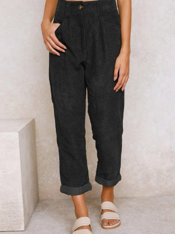 High Waisted Straight Leg Corduroy Trousers in Black Trousers Silk Elegant