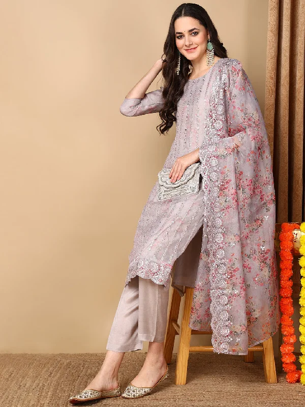 Grey Organza Floral Embroidered Straight Kurta Trouser With Dupatta Trousers Culottes Wide Leg Grey Organza Floral Embroidered Straight Kurta Trouser With Dupatta Trousers Culottes Wide Leg