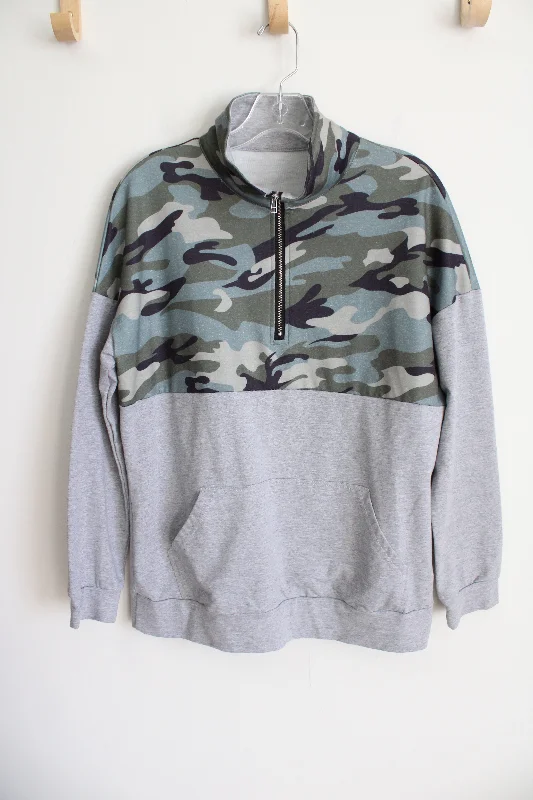 Green Gray 1/4 Zip Pullover Sweatshirt | M Boat Neck Sweater