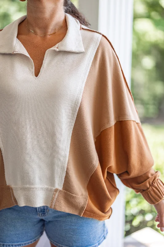 Colorblock Fab Taupe Mix Pullover Slouchy Comfort Pullover