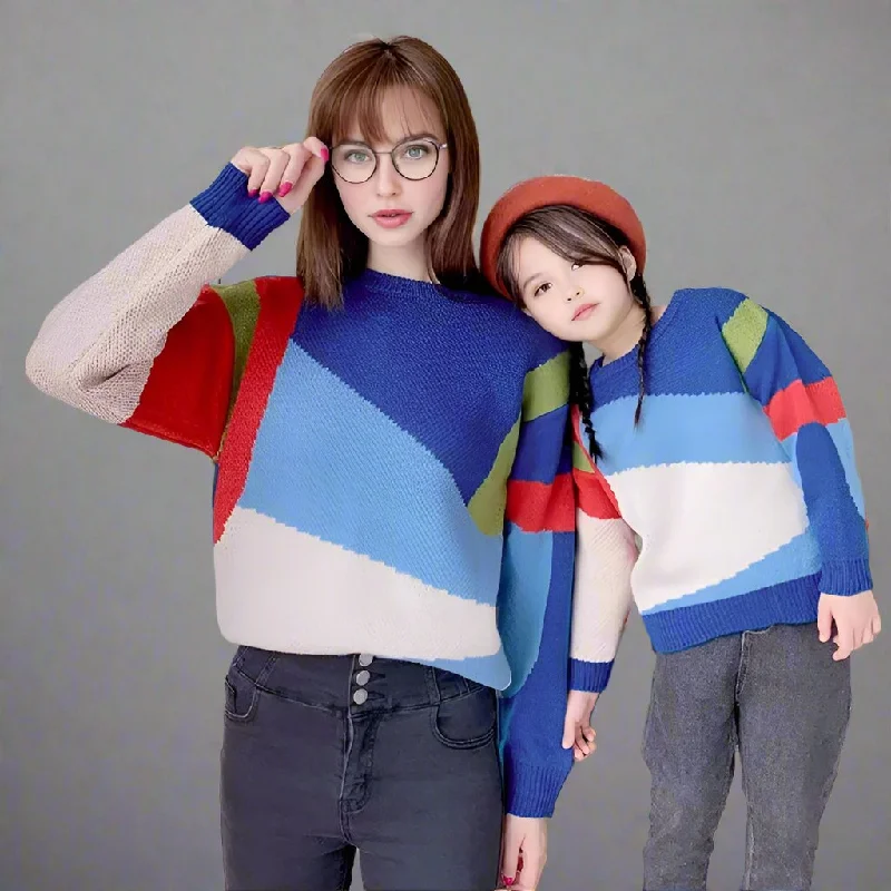 Matching Color-Block Knit Sweaters  Vibrant Family Pullover for Mom and Kids High Neck Pullover