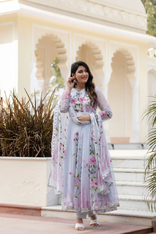 Blue Organza Brush Print Anarkali & Trouser With Dupatta Trousers New Arrival