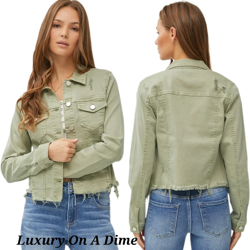 RISEN Cropped Distressed Raw Hem Denim Long Sleeve Button-up Jean Jacket Sage Green Rayon Jacket Velvet Jacket Corduroy Jacket RISEN Cropped Distressed Raw Hem Denim Long Sleeve Button-up Jean Jacket Sage Green Rayon Jacket Velvet Jacket Corduroy Jacket