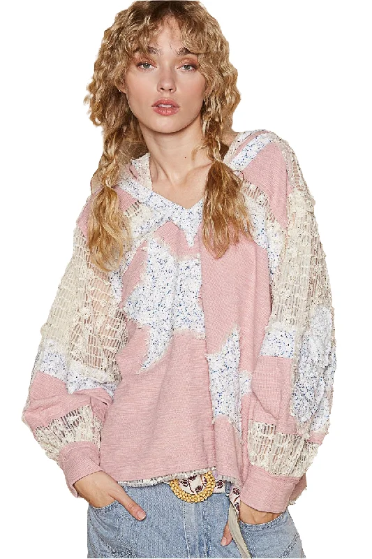 POL Lace Hoodie Star Patchwork Pullover Top Long Sleeve Oversized Bohemian Shirt Blouson Sleeve Pullover
