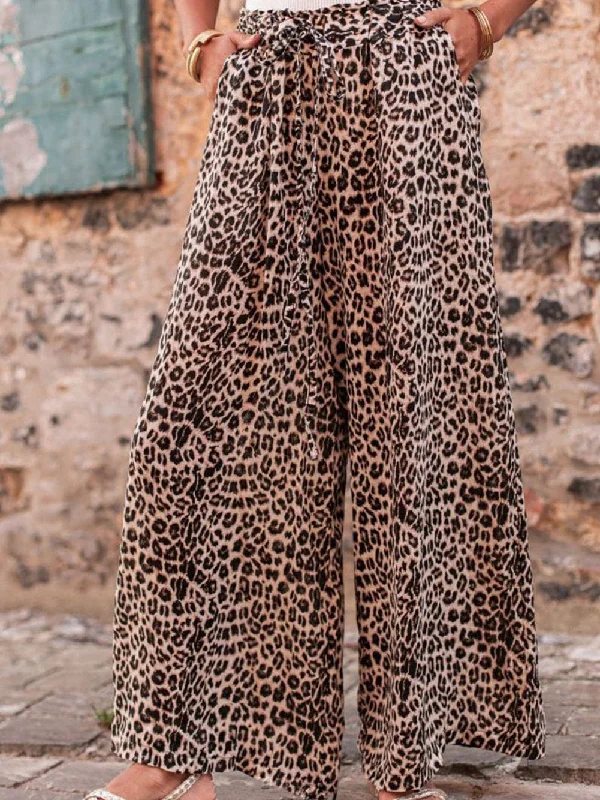 Bohemian Desert Palm Leopard Wide Leg Trousers Trousers Brand Named
