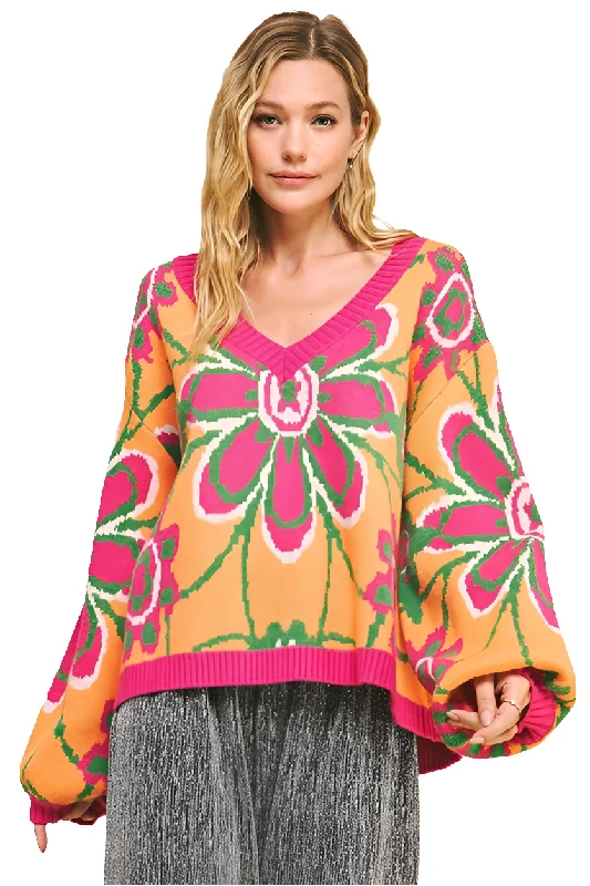 DAVI & DANI Retro Floral Bright Neon Long Sleeve Oversized Pullover Sweater Top Fitted Ribbed Sweater DAVI & DANI Retro Floral Bright Neon Long Sleeve Oversized Pullover Sweater Top Fitted Ribbed Sweater