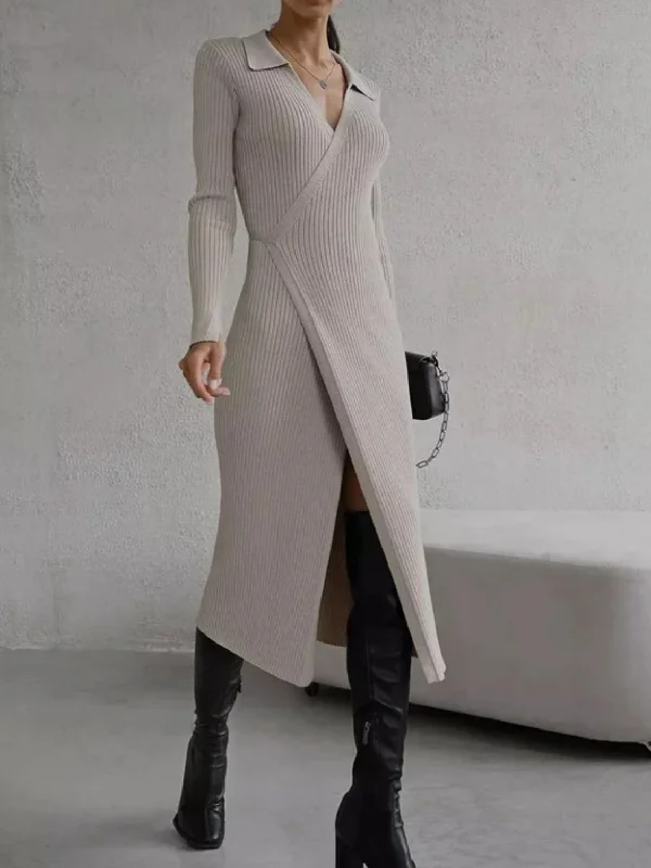 Blue Zone Planet |  Tied Collared Neck Long Sleeve Sweater Dress Lightweight Heavyweight Midweight