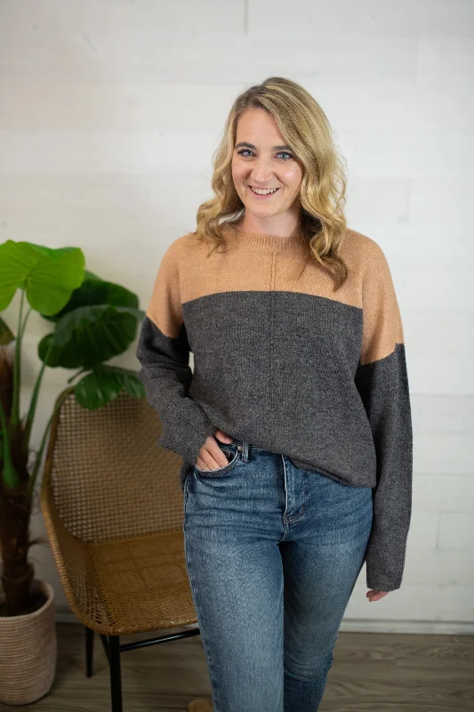 Contrast Long Sleeve Knit Pullover Sweater-Charcoal Short Sleeve Top