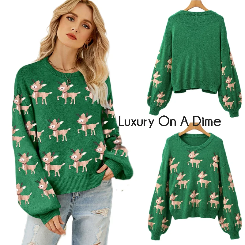 Holiday Reindeer Knit Shirt Round Neck Long Sleeve Pullover Top Christmas Sweater Ruffled Neck Pullover Holiday Reindeer Knit Shirt Round Neck Long Sleeve Pullover Top Christmas Sweater Ruffled Neck Pullover