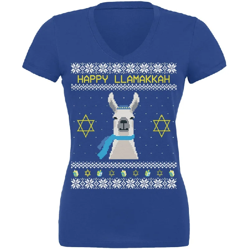 Llama Llamakkah Ugly Hanukkah Sweater Royal Juniors V-Neck T-Shirt Solid Print Embellished