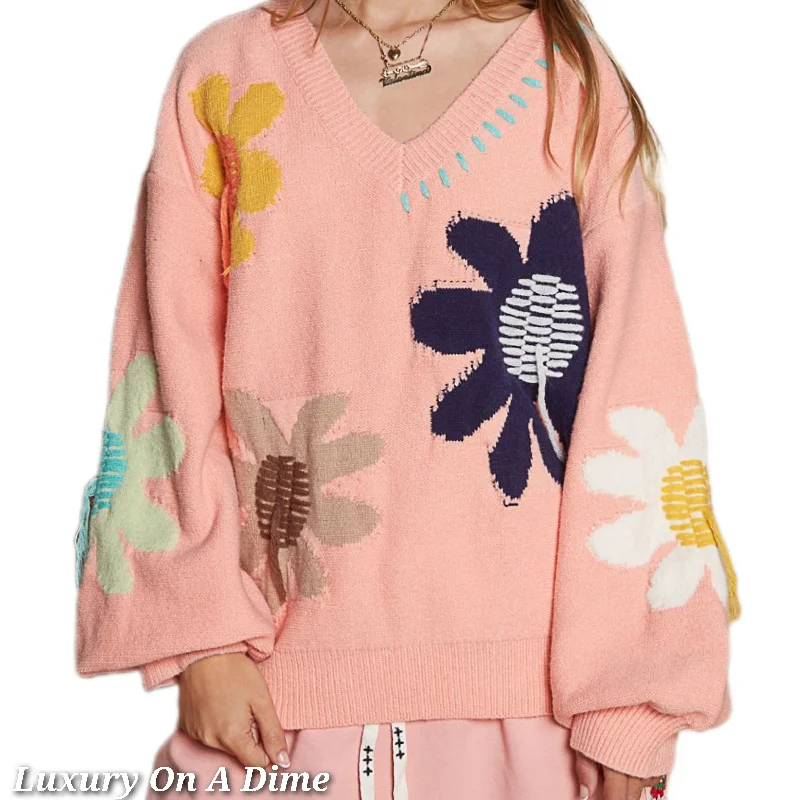 POL Daisy Fringe Retro Contrast Flower Top Embroidered Pullover Knit Sweater Cable Knit Chunky POL Daisy Fringe Retro Contrast Flower Top Embroidered Pullover Knit Sweater Cable Knit Chunky