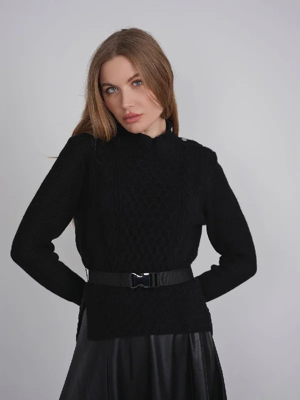 BELTED CABLE KNIT FRONT SWEATER Chenille Blend Fleece Blend Nylon Blend