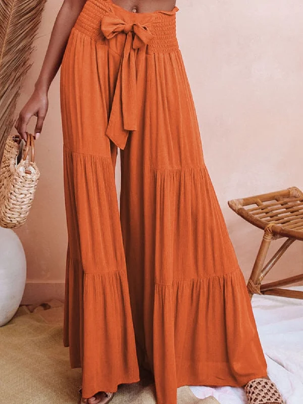 Flowy Orange Smocked Waist Wide Leg Trousers Wide Leg Loose Fit Mid Waist