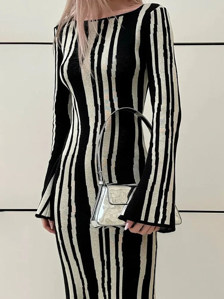 Yipinpay Knit Striped Wrap Dress For Women Fashion Contrast High Street Slim Fashion Long Dress Pullover Knitwear High Waist Dress Cap Sleeve Casual