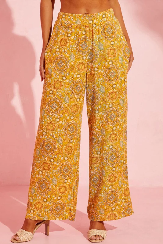 Sunny Boho Floral Print Palazzo Trousers with Pockets Trousers Elastic Waist Soft