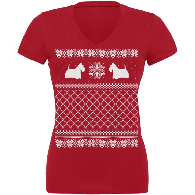 Scottish Terrier Ugly Christmas Sweater Red Juniors V-Neck T-Shirt Handmade Hand-knitted Hand-woven