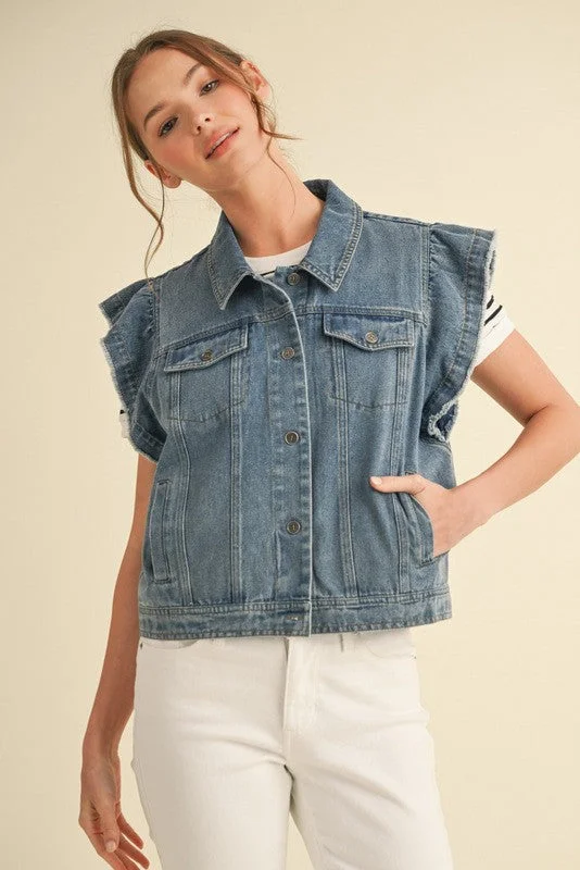 Denim Ruffly Shoulder Jacket Embroidered Jacket Appliqued Jacket Beaded Jacket