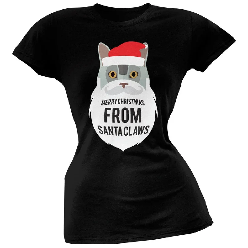 Grey Cat Santa Ugly Christmas Sweater Juniors Black T-Shirt Glossy Satin Silk