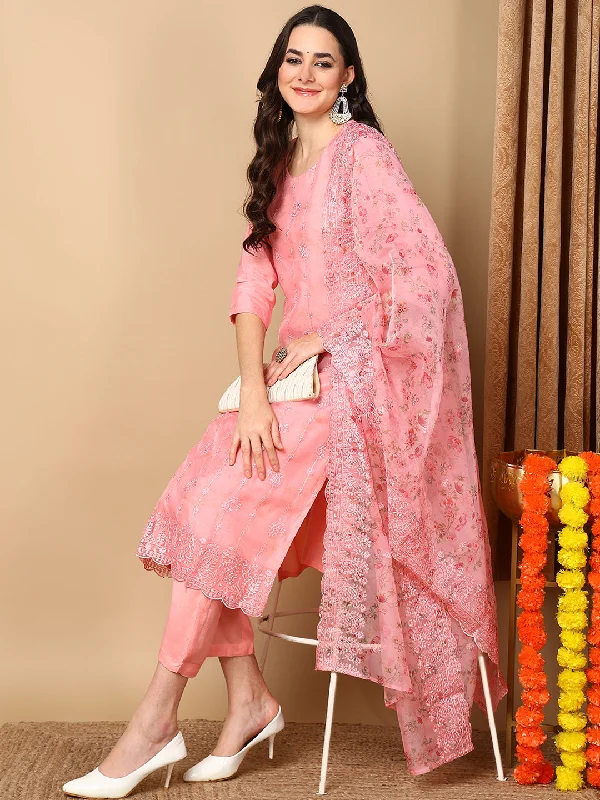 Pink Organza Floral Embroidered Straight Kurta Trouser With Dupatta Trousers Capri Summer Pink Organza Floral Embroidered Straight Kurta Trouser With Dupatta Trousers Capri Summer