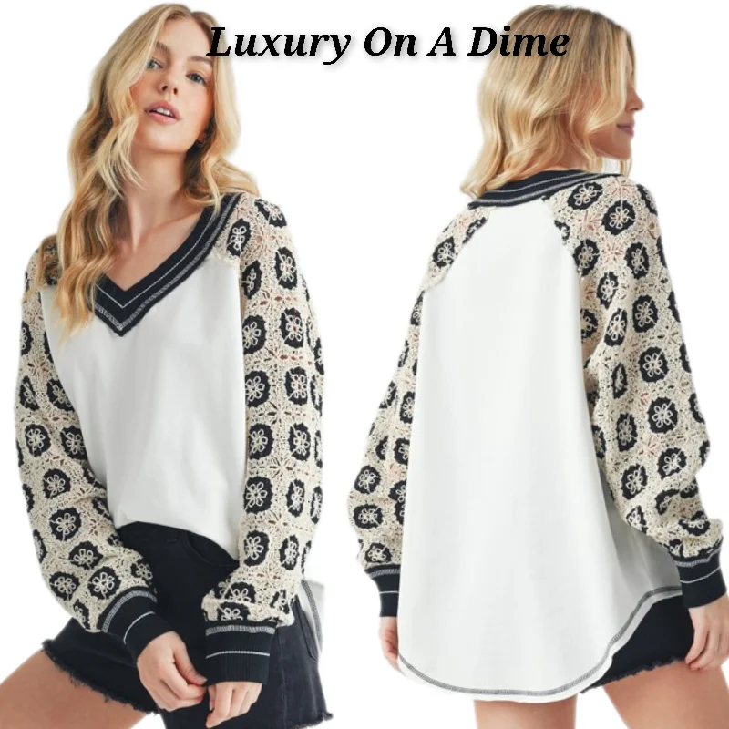 Amei+Co Crochet Long Sleeve Granny Open Knit V-neck Top Contrast Pullover Shirt Alpaca Blend Soft Amei+Co Crochet Long Sleeve Granny Open Knit V-neck Top Contrast Pullover Shirt Alpaca Blend Soft