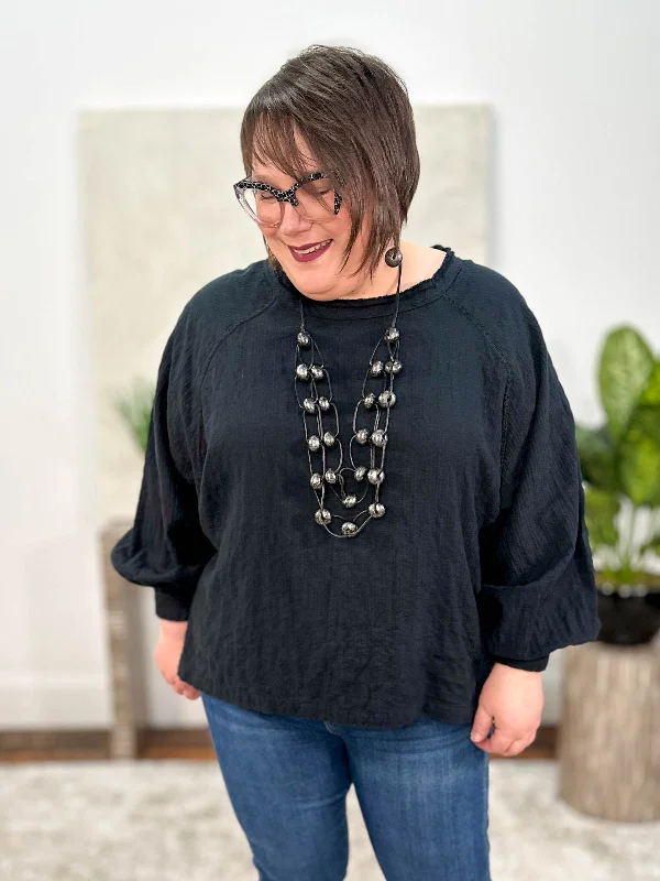 Baseball Pullover, Black Solid Flannel Slouchy Comfort Pullover