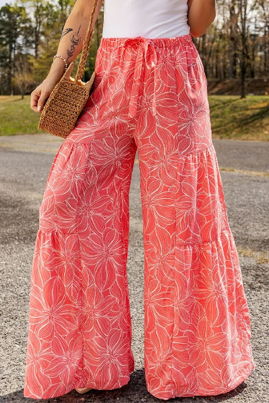 Pink Floral Boho Wide Leg Trousers Trousers stylish elegant