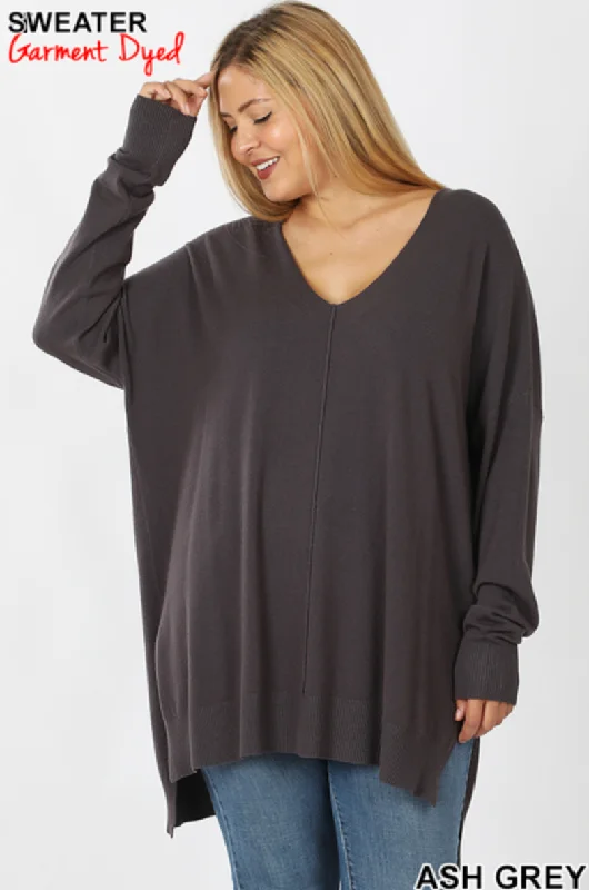 Hi Lo V-Neck Center Seam Ash Grey Sweater Cotton Fabric Linen Fabric Terry Fabric