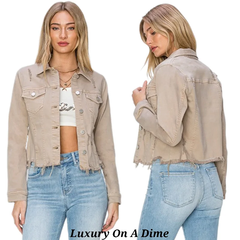 RISEN Cropped Distressed Raw Hem Denim Long Sleeve Button-up Jean Jacket Khaki Chenille Jacket Brocade Jacket Lace Jacket RISEN Cropped Distressed Raw Hem Denim Long Sleeve Button-up Jean Jacket Khaki Chenille Jacket Brocade Jacket Lace Jacket