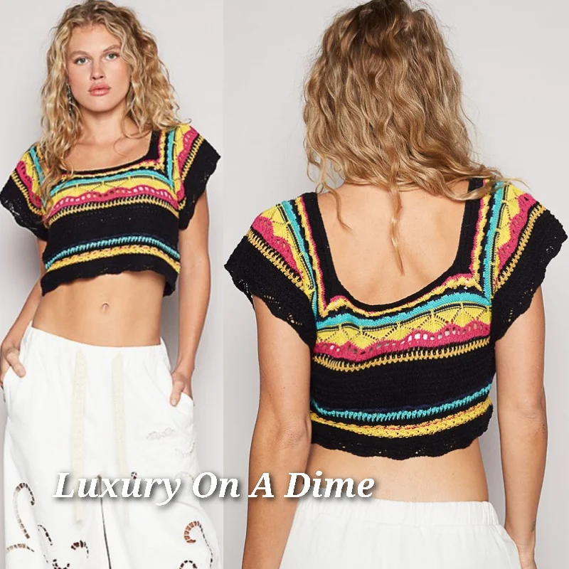 POL Crochet Granny Knit Openwork Short Sleeve Pullover Crop Top Colorful Boho Shirt Black Peter Pan Collar POL Crochet Granny Knit Openwork Short Sleeve Pullover Crop Top Colorful Boho Shirt Black Peter Pan Collar