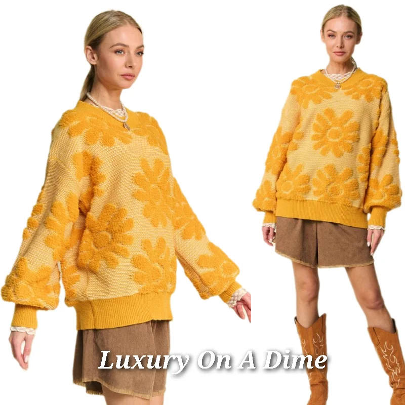 DAVI & DANI French Terry Daisy Knit Long Sleeve Shirt Oversized Retro Pullover Top Slouchy Comfort Pullover DAVI & DANI French Terry Daisy Knit Long Sleeve Shirt Oversized Retro Pullover Top Slouchy Comfort Pullover