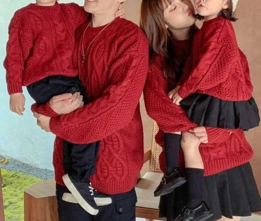 Family Matching Retro Knitted Pullover Sweater Shirred Sleeve Feminine