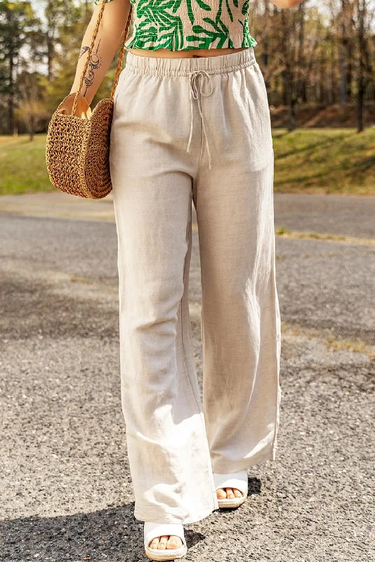 Apricot Linen Elastic Waist Drawstring Loose Fit Trousers Trousers practical easy-care