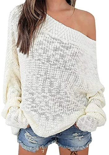 Exlura Women's Off Shoulder Batwing Sleeve Loose Oversized Pullover Sweater Knit Jumper Puff Sleeve Stylish Exlura Women's Off Shoulder Batwing Sleeve Loose Oversized Pullover Sweater Knit Jumper Puff Sleeve Stylish