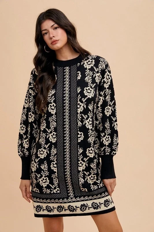 Black Floral Sweater Dress(165) Mesh Blend Leather Blend Suede Blend