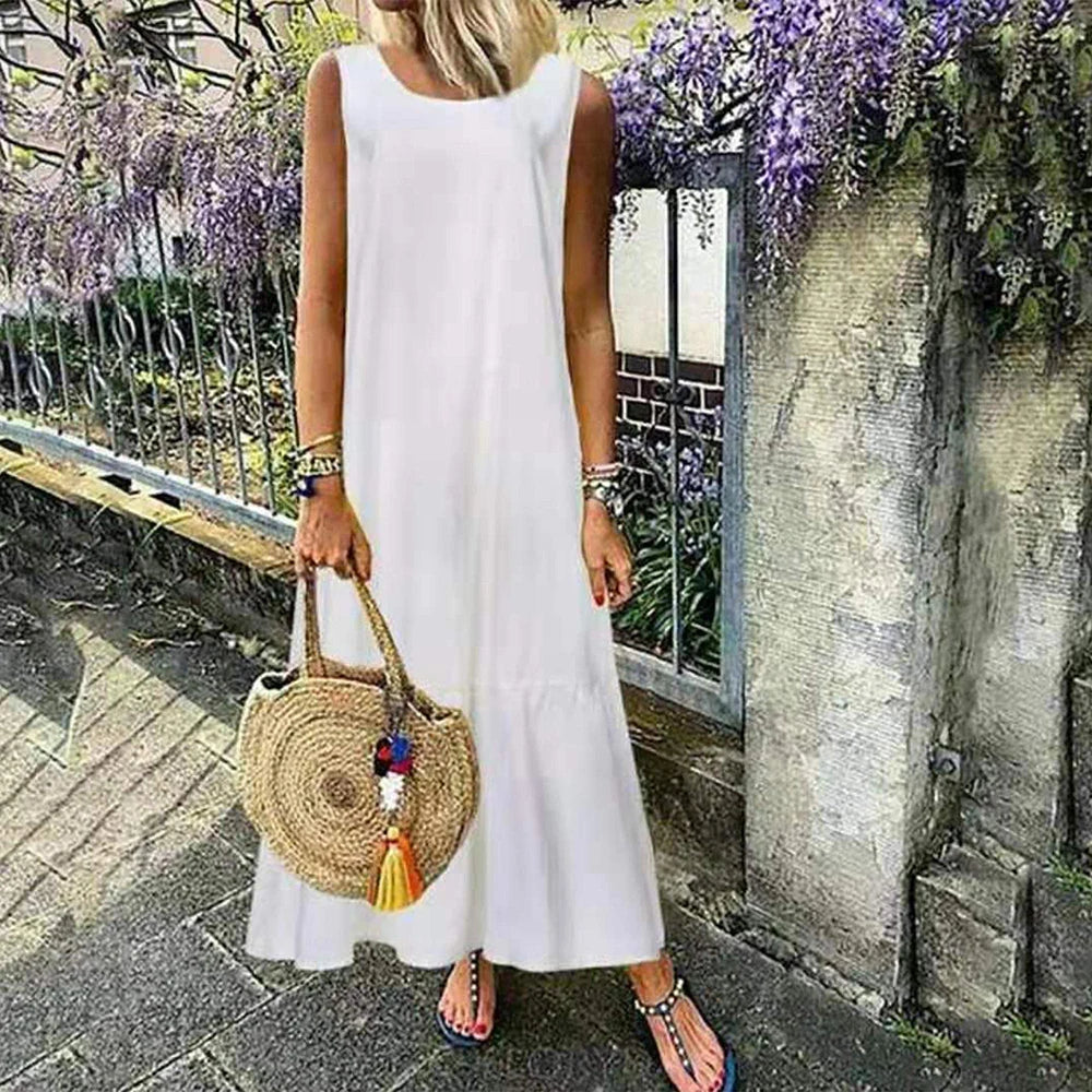 Yipinpay Linen Sleeveless Dress for Women Summer Pullover Skirt Vestidos Fashion Female Clothing Short Sleeved Loose Long Dress Box Sleeve Comfort