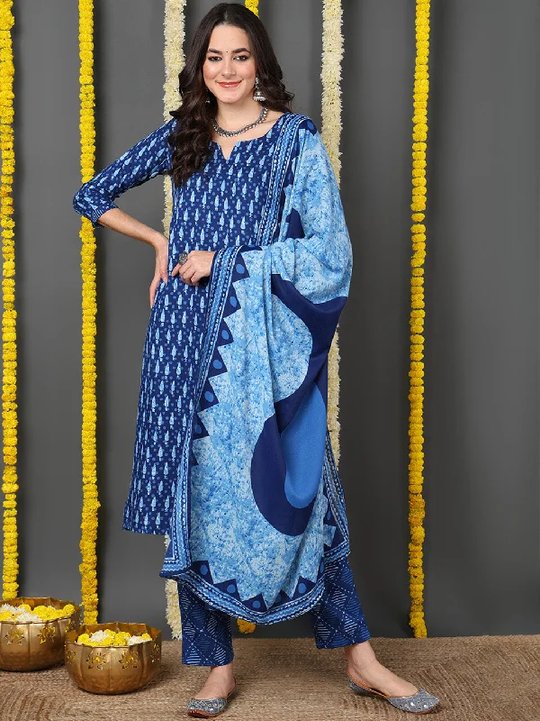 Blue Cotton Blend Ethnic Motifs Printed Straight Kurta Trouser With Dupatta Chinos Cotton Straight Leg Blue Cotton Blend Ethnic Motifs Printed Straight Kurta Trouser With Dupatta Chinos Cotton Straight Leg