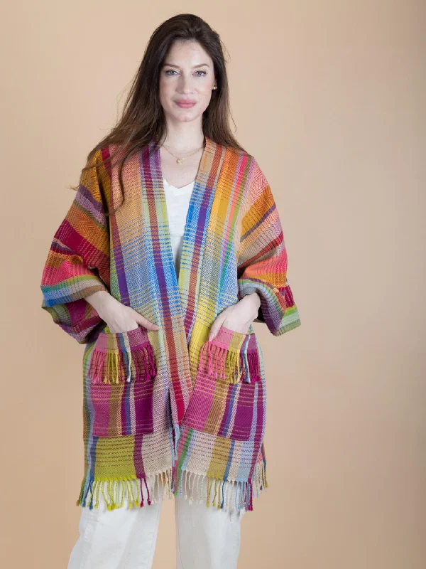 Rainbow Tartan Long Jacket Hooded Jacket Caped Jacket Shawl Collar Jacket
