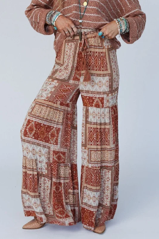 Bohemian Brown Aztec Print Tiered Palazzo Trousers Trousers practical durable